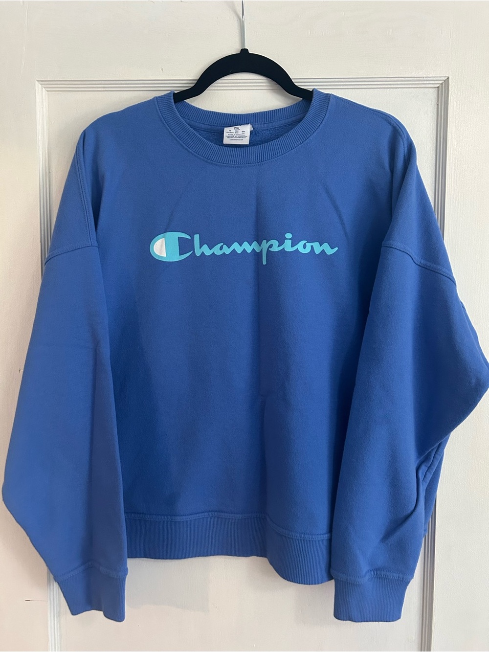Champion Women's Bright Blue Crewneck with Light Teal Logo